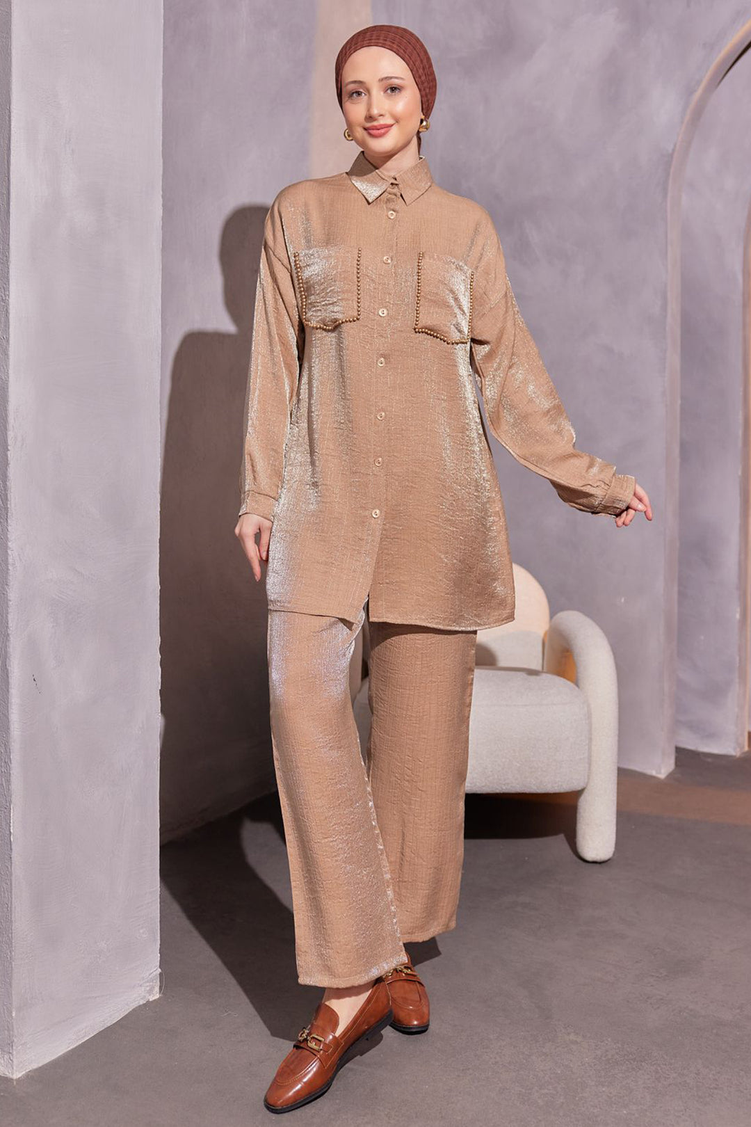 BNG Women Pockets Beaded Detailed Two-Piece Set Camel - Clermont