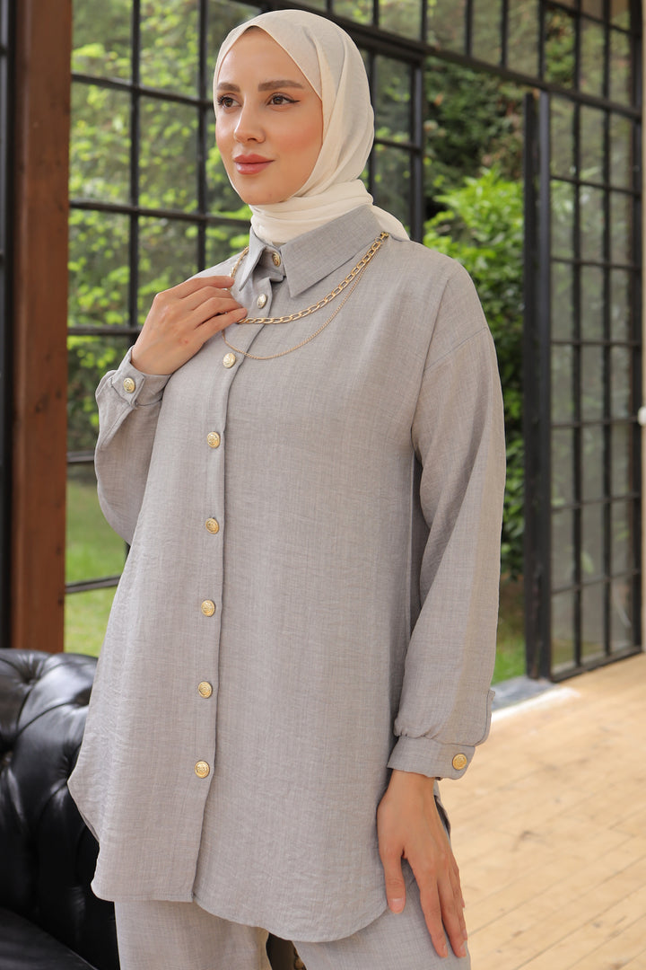 BNG Women Button Detailed Two-Piece Set in Gray with Accessories - Clermont