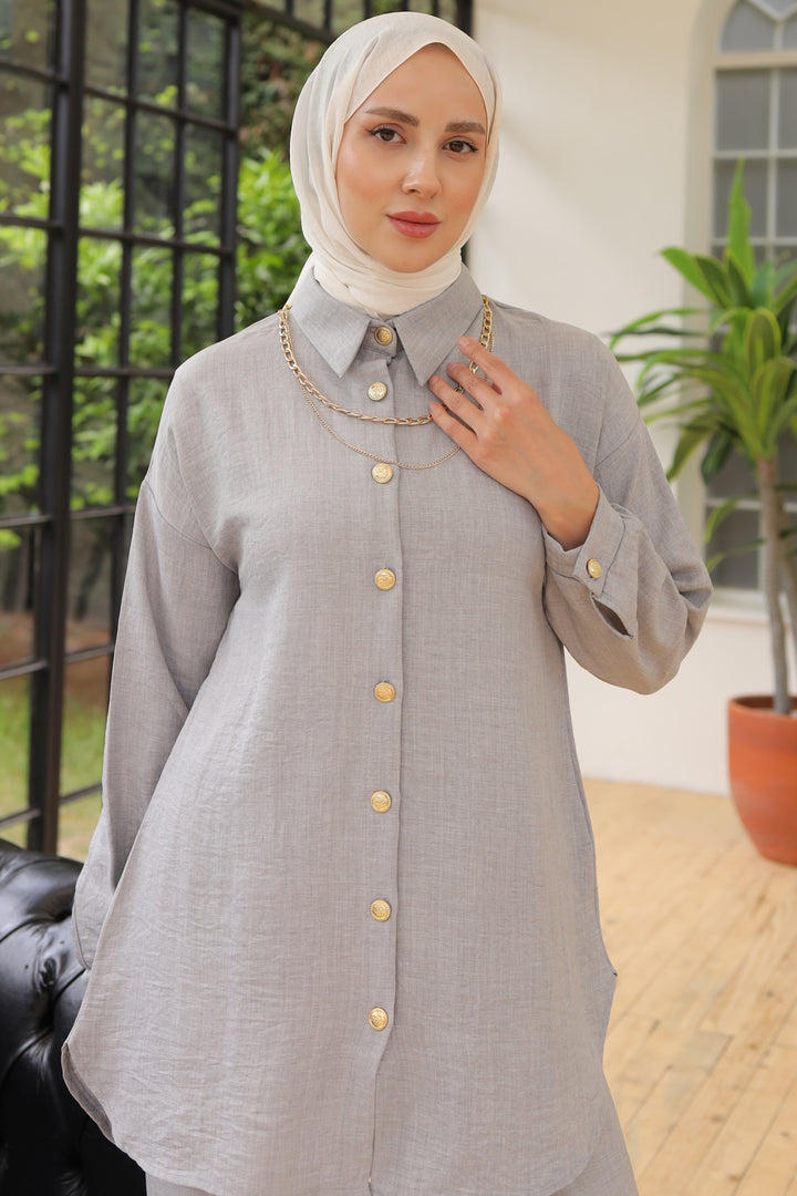 BNG Women Button Detailed Two-Piece Set in Gray with Accessories - Clermont