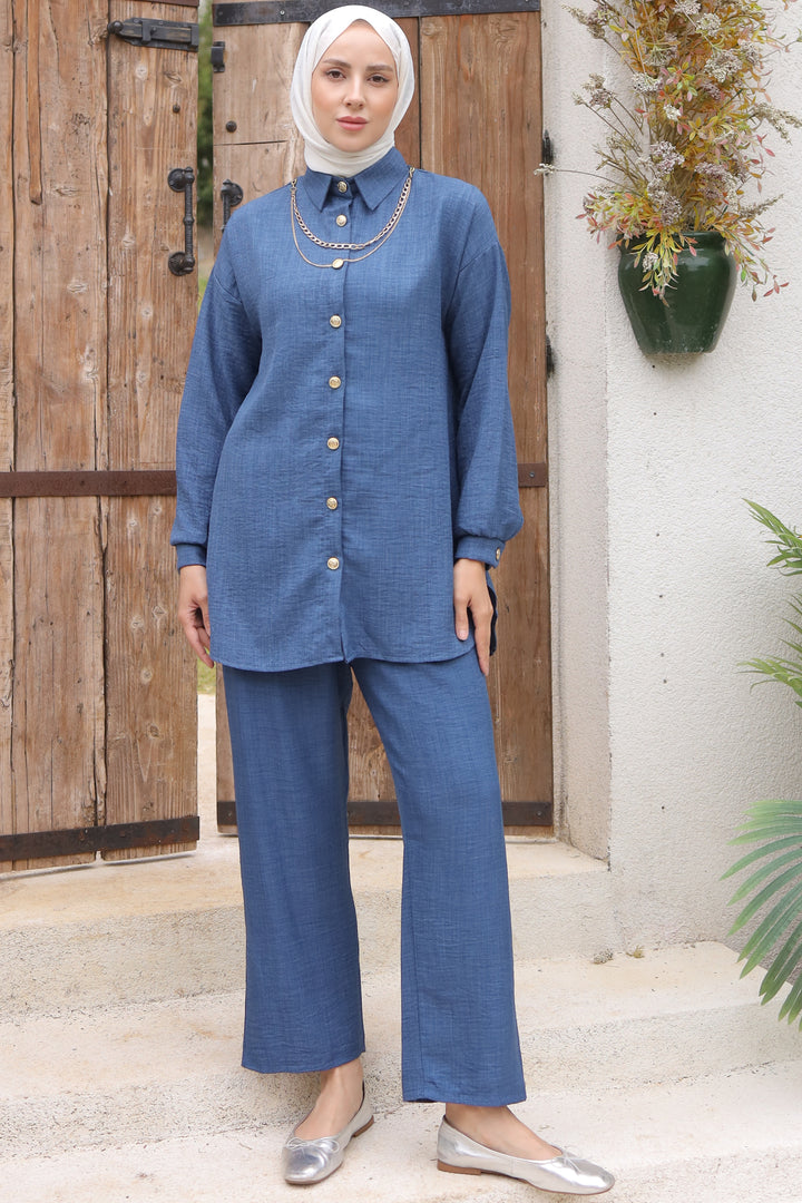 BNG Women Button Detailed Accessorized Two-Piece Set Indigo - Clermont