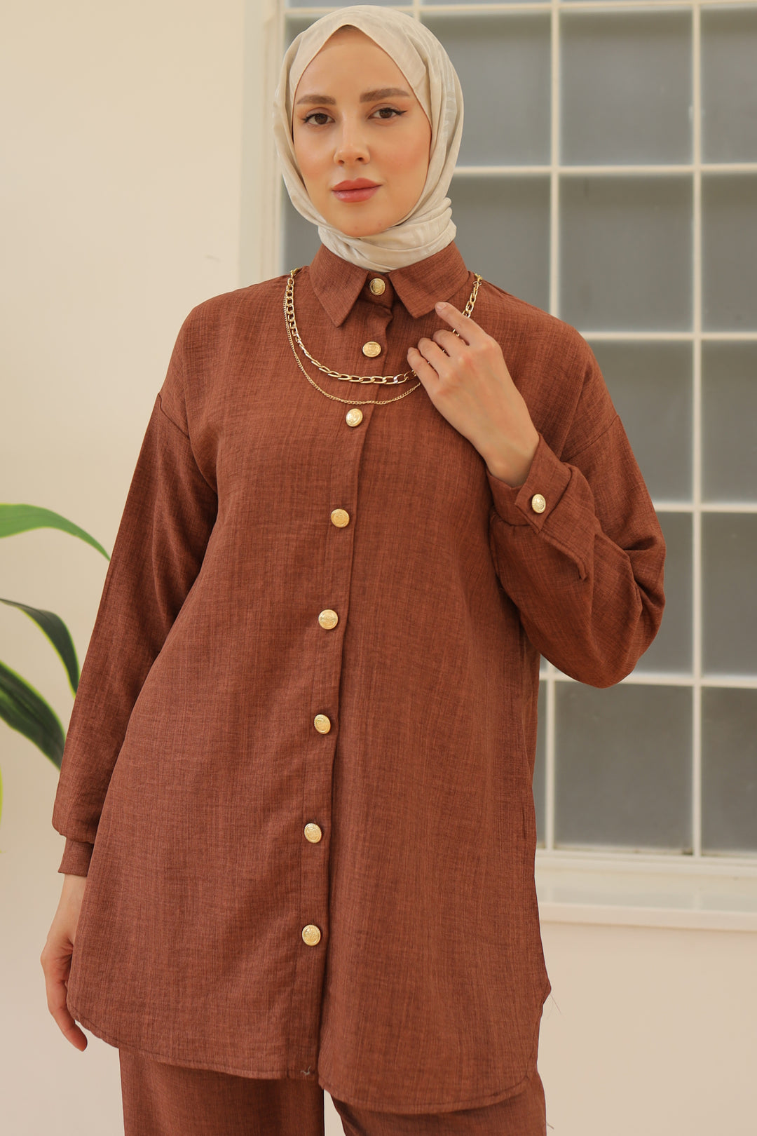 BNG Women Brown Two-Piece Set with Button Detail Accessories - Clermont