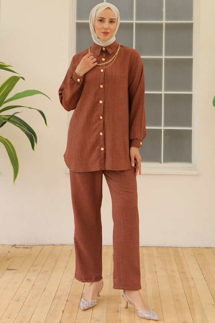 BNG Women Brown Two-Piece Set with Button Detail Accessories - Clermont