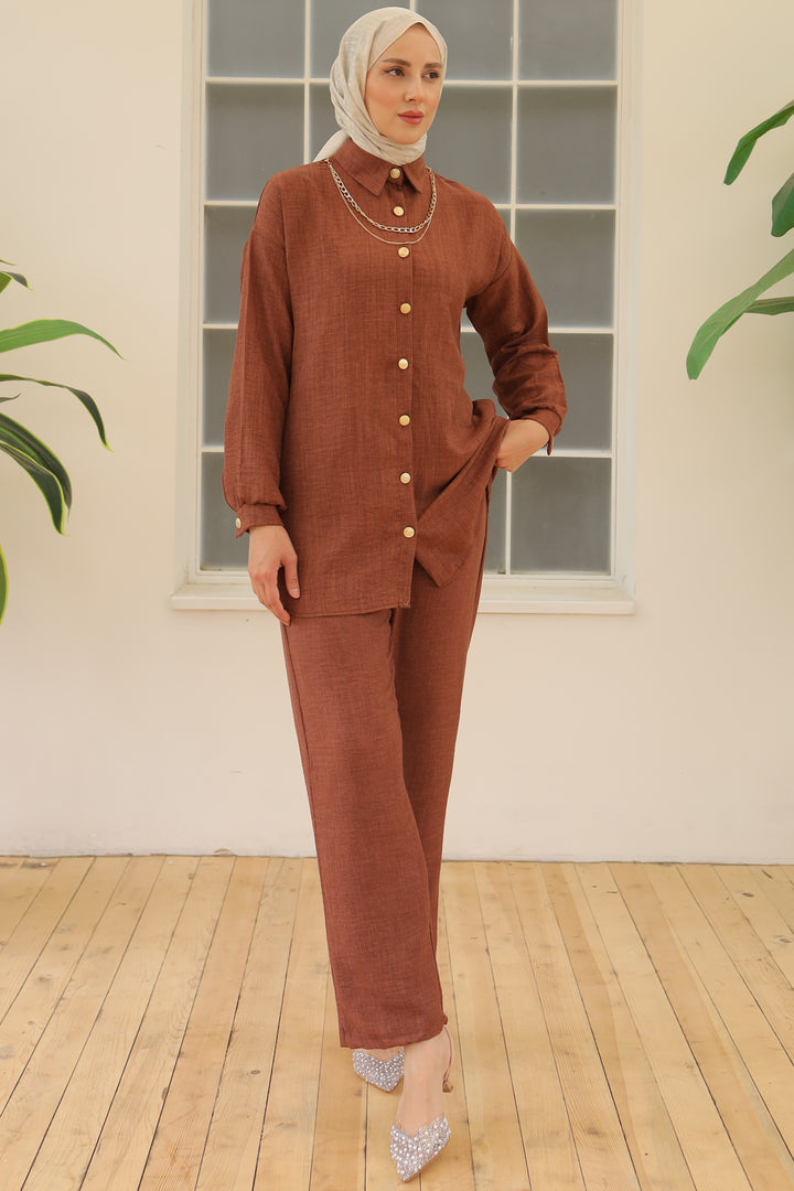 BNG Women Brown Two-Piece Set with Button Detail Accessories - Clermont
