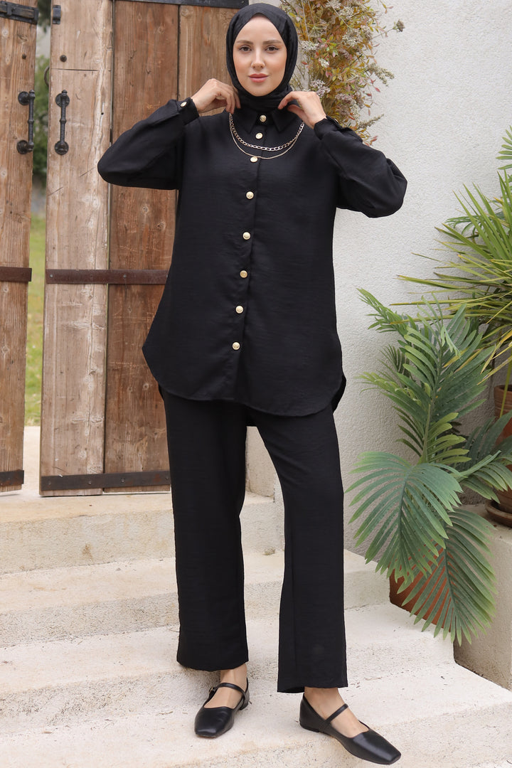 BNG Women Black Two-Piece Set with Button Detail Accessories - Clermont
