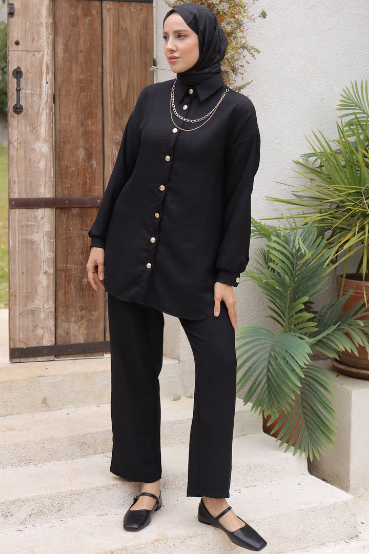 BNG Women Black Two-Piece Set with Button Detail Accessories - Clermont