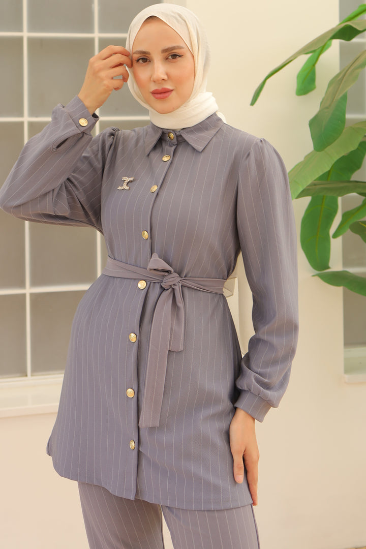 BNG Women Striped Crepe Suit with Brooch Gray - Clermont