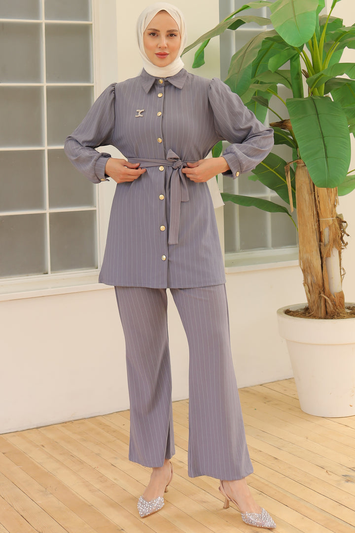 BNG Women Striped Crepe Suit with Brooch Gray - Clermont