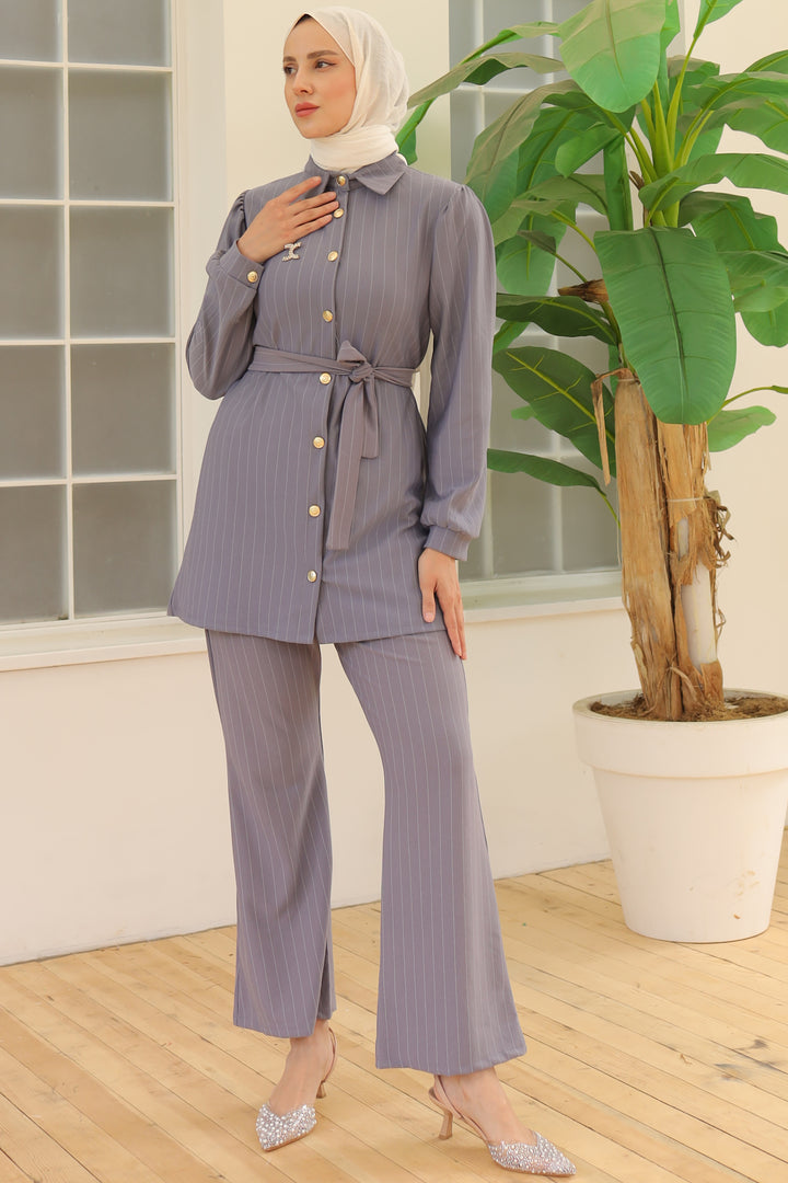 BNG Women Striped Crepe Suit with Brooch Gray - Clermont