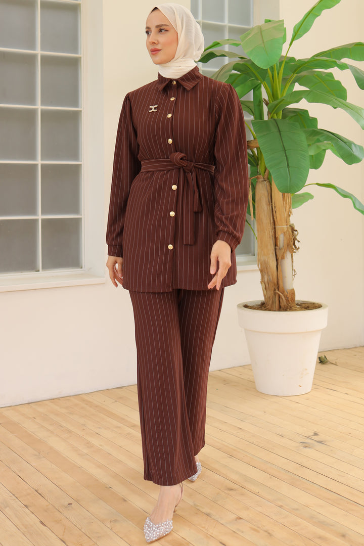 BNG Women Striped Crepe Suit Brown - Clermont