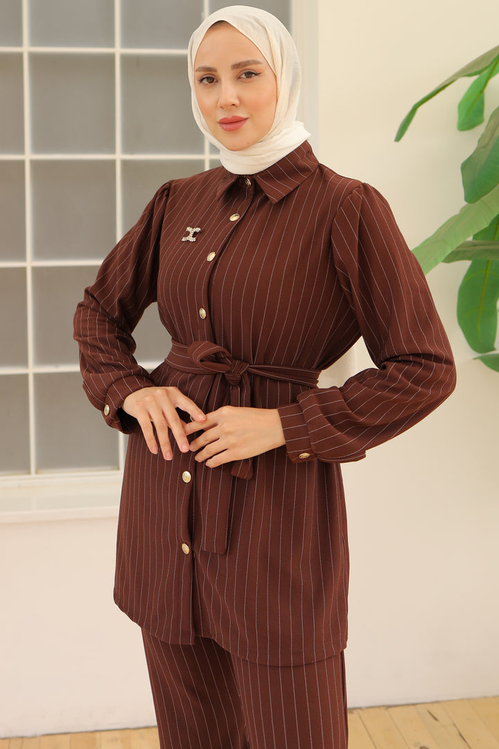 BNG Women Striped Crepe Suit Brown - Clermont
