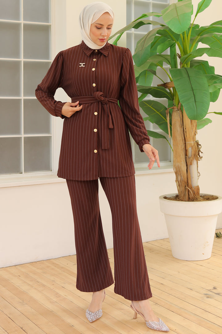 BNG Women Striped Crepe Suit Brown - Clermont