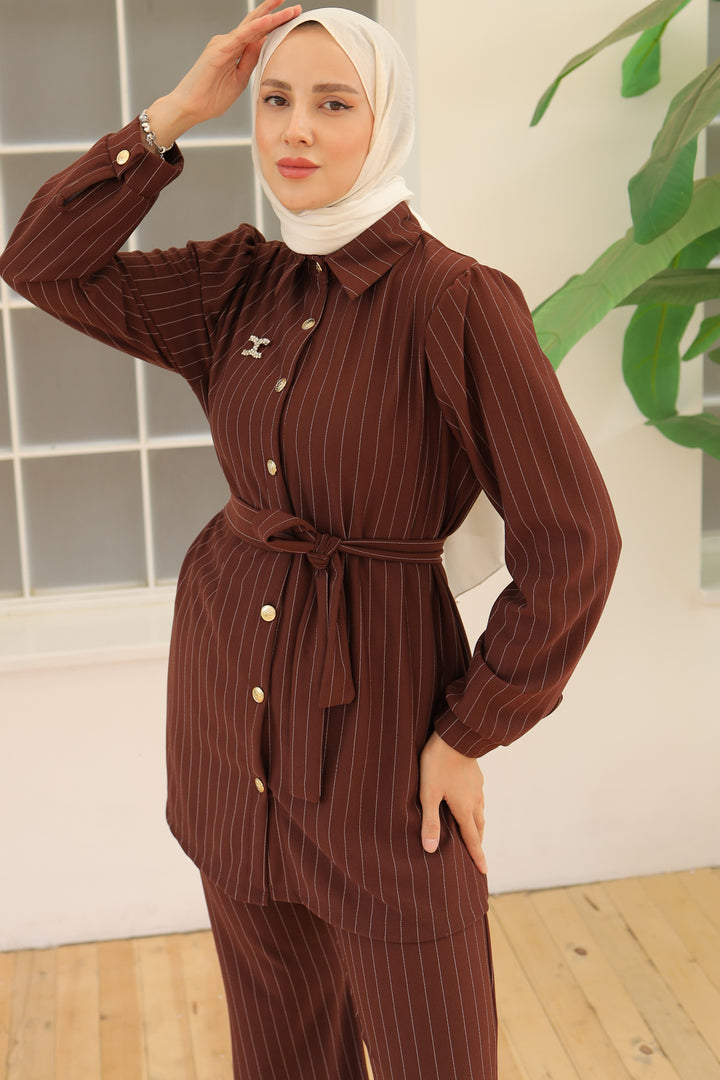 BNG Women Striped Crepe Suit Brown - Clermont