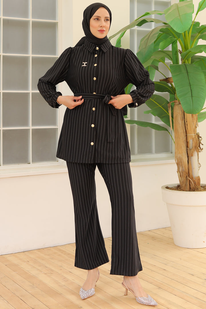 BNG Women Striped Crepe Suit with Brooch Black - Clermont