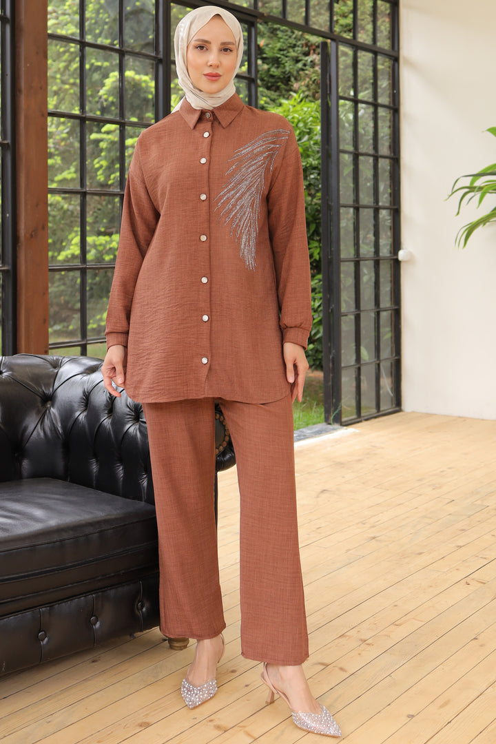 BNG Women Leaf Stone Linen Set Brown - Clermont