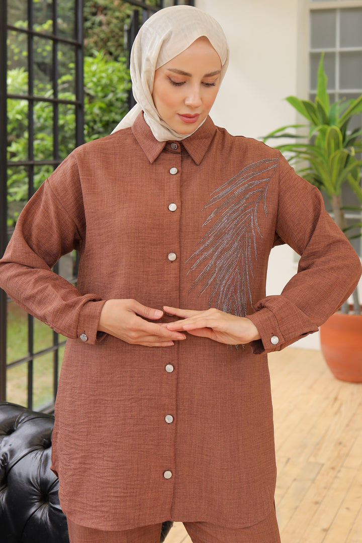 BNG Women Leaf Stone Linen Set Brown - Clermont