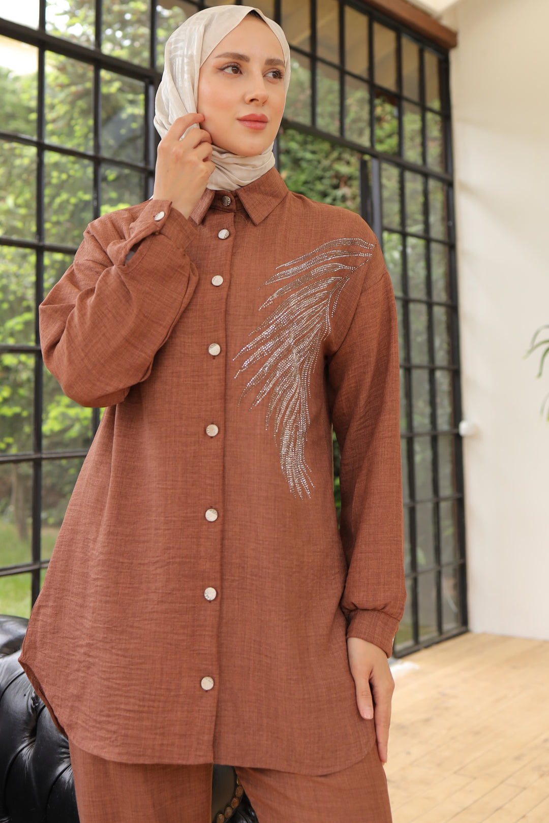 BNG Women Leaf Stone Linen Set Brown - Clermont
