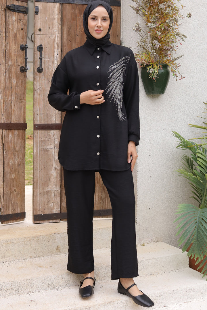 BNG Women Leaf Stone Linen Set Black - Clermont