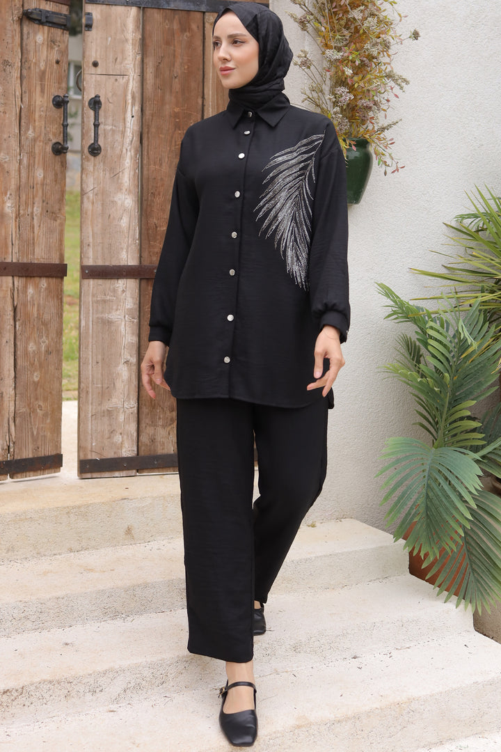 BNG Women Leaf Stone Linen Set Black - Clermont