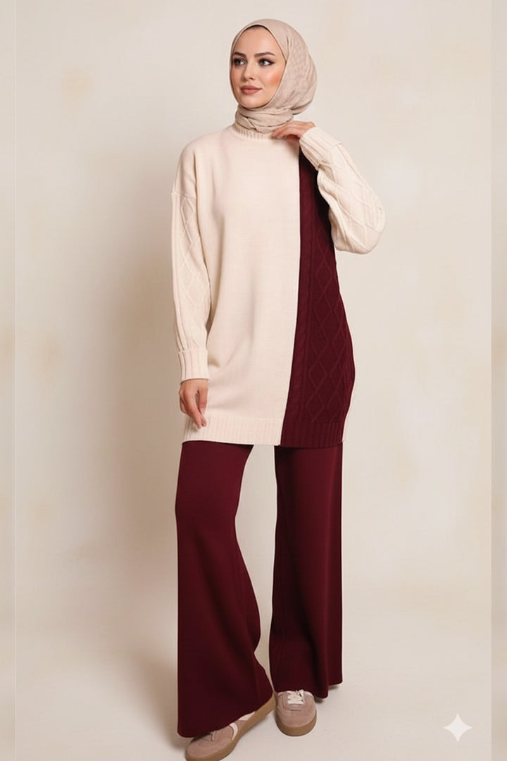 BNG Women Parçalı Örgü Desen Triko Takım N7040 Bordo - Brixton