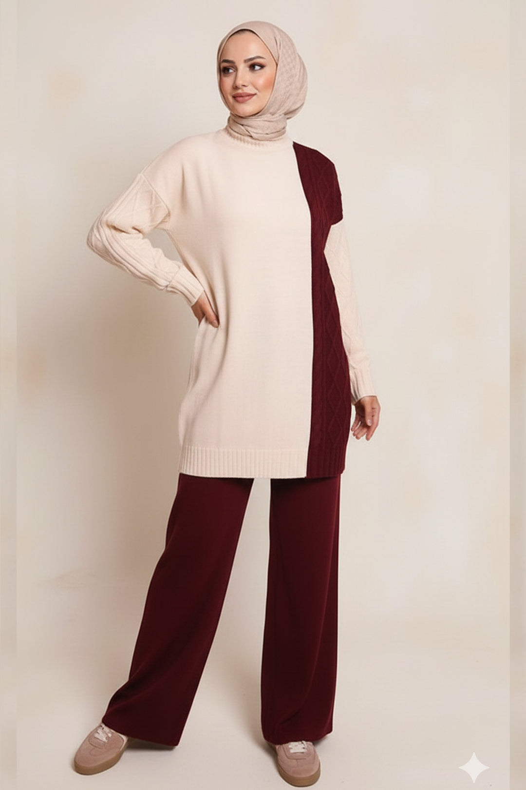 BNG Women Parçalı Örgü Desen Triko Takım N7040 Bordo - Brixton