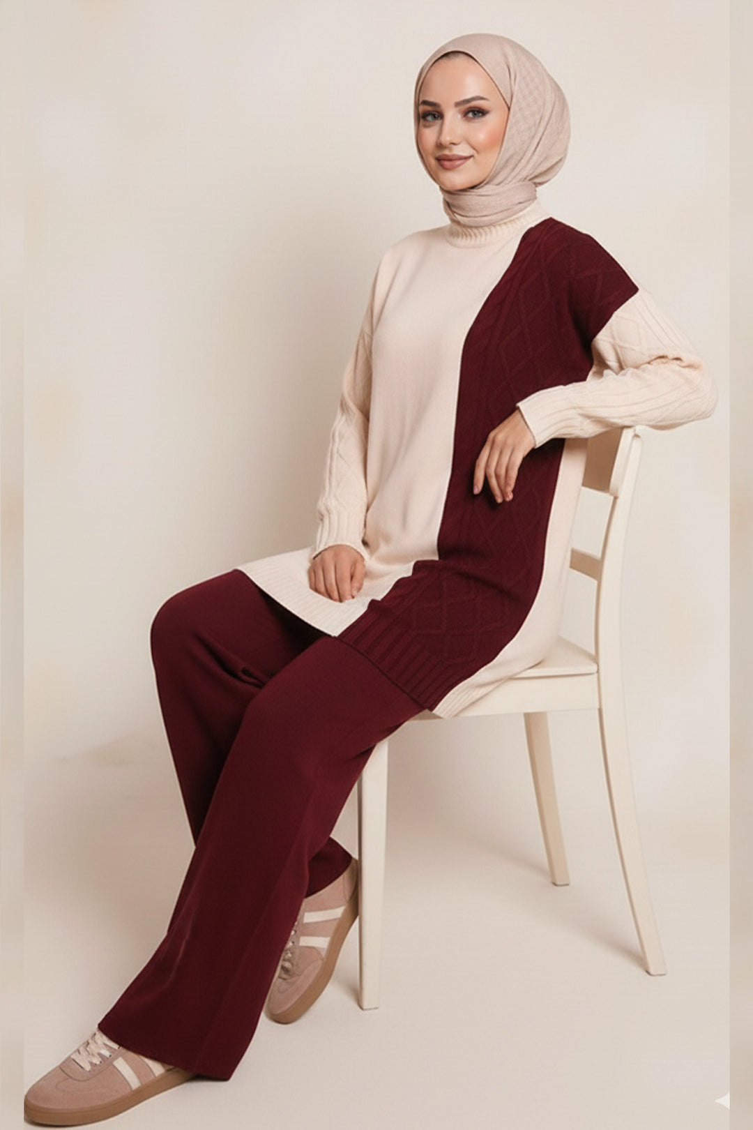 BNG Women Parçalı Örgü Desen Triko Takım N7040 Bordo - Brixton