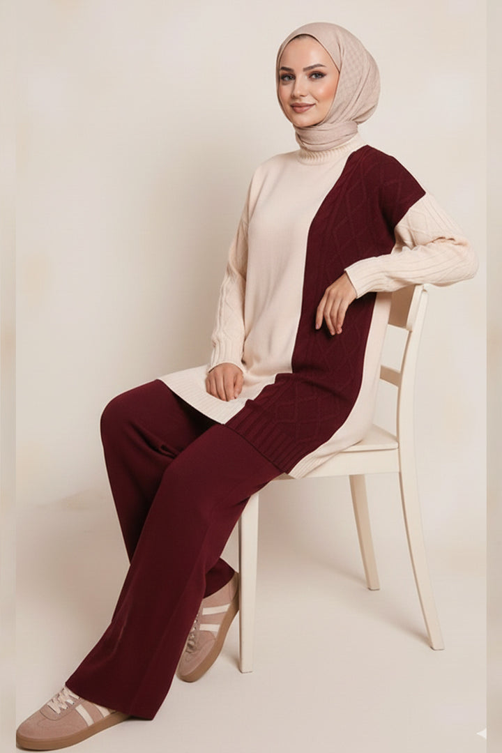 BNG Women Parçalı Örgü Desen Triko Takım N7040 Bordo - Brixton