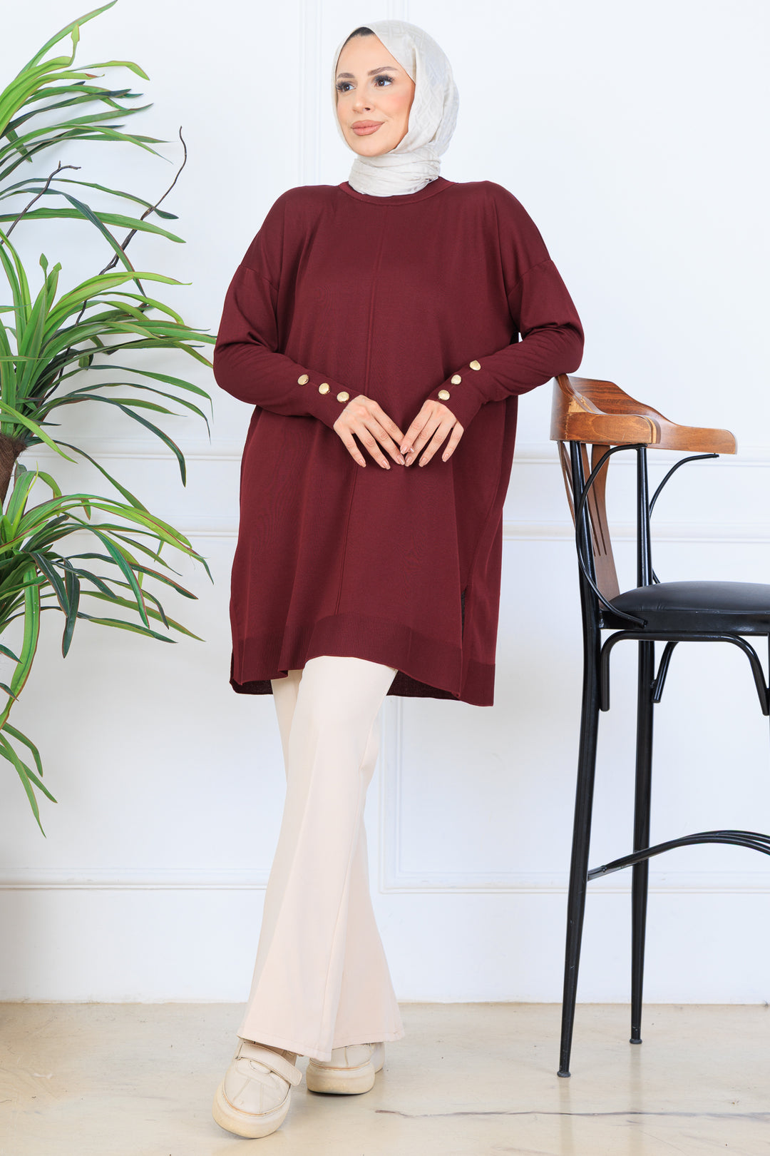 BNG Women Buttoned Sleeve Knit Tunic N7005 Burgundy - Levallois-Perret