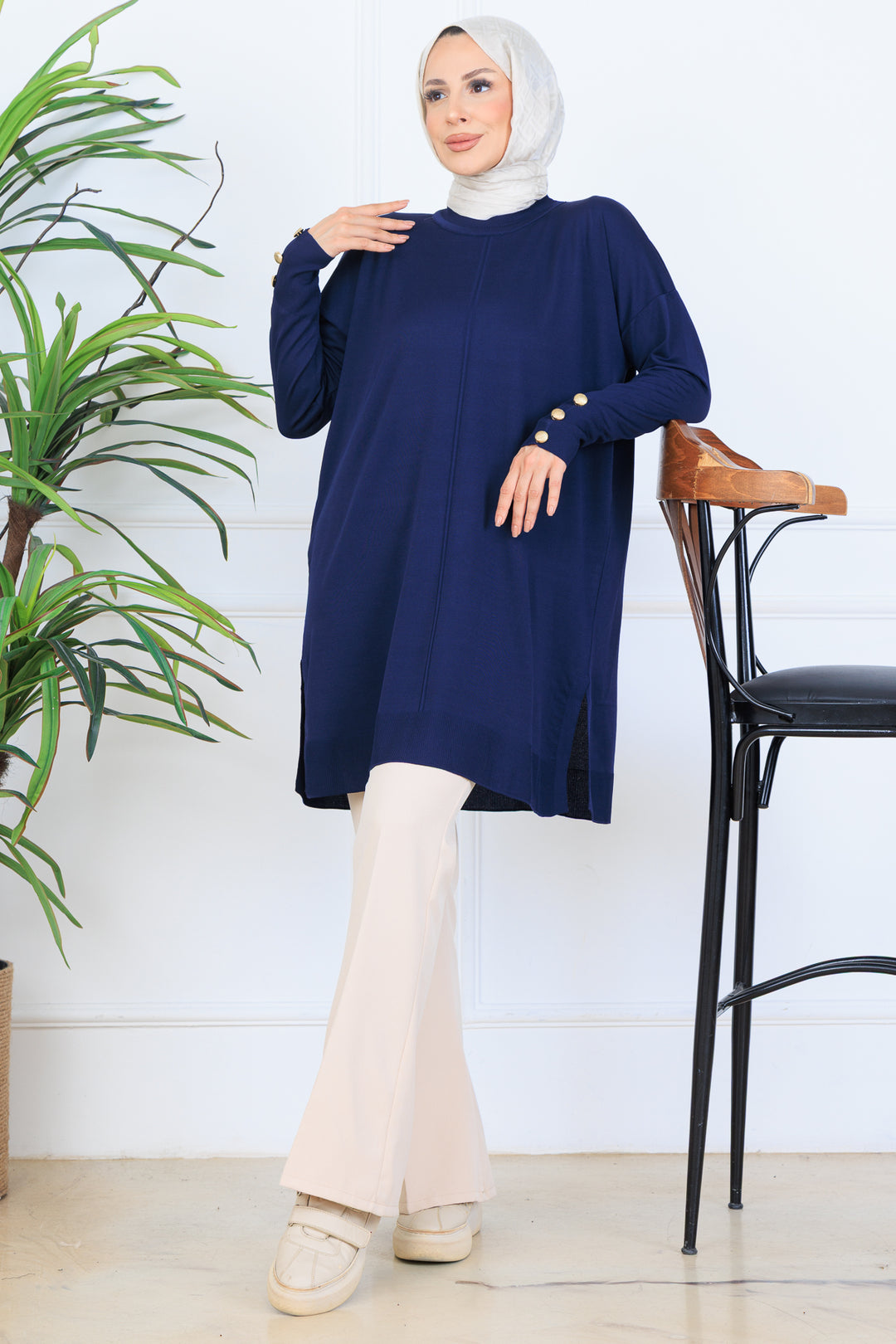 BNG Women Kolu Düğmeli Triko Tunik N7005 Lacivert - Bellinzona