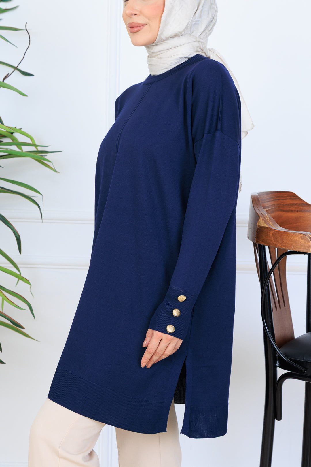 BNG Women Kolu Düğmeli Triko Tunik N7005 Lacivert - Bellinzona