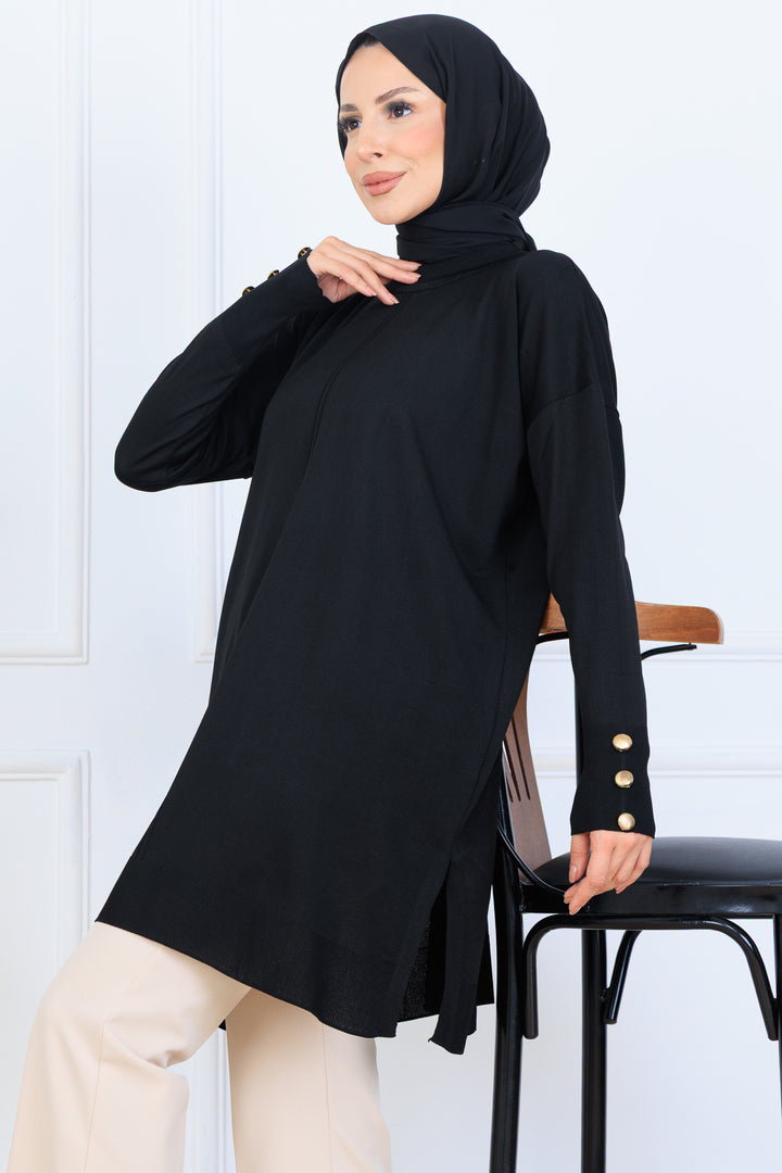 BNG Women Kolu Düğmeli Triko Tunik N7005 Siyah - Erith