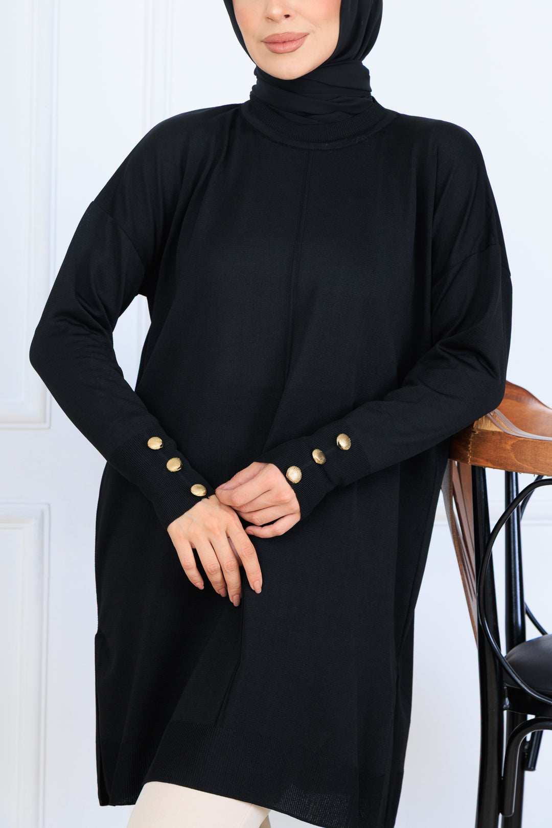 BNG Women Kolu Düğmeli Triko Tunik N7005 Siyah - Erith