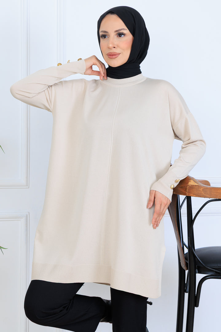 BNG Women Kolu Düğmeli Triko Tunik N7005 Taş Rengi - Paradise