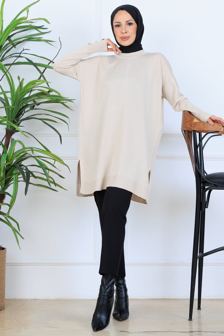 BNG Women Kolu Düğmeli Triko Tunik N7005 Taş Rengi - Paradise