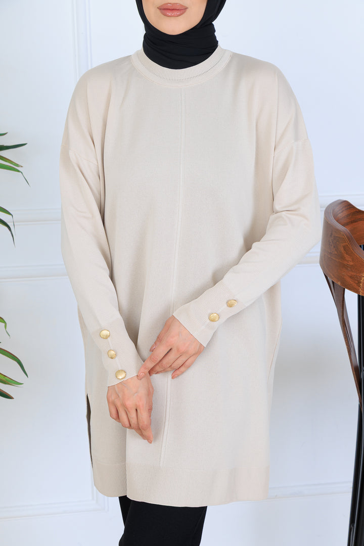 BNG Women Kolu Düğmeli Triko Tunik N7005 Taş Rengi - Paradise