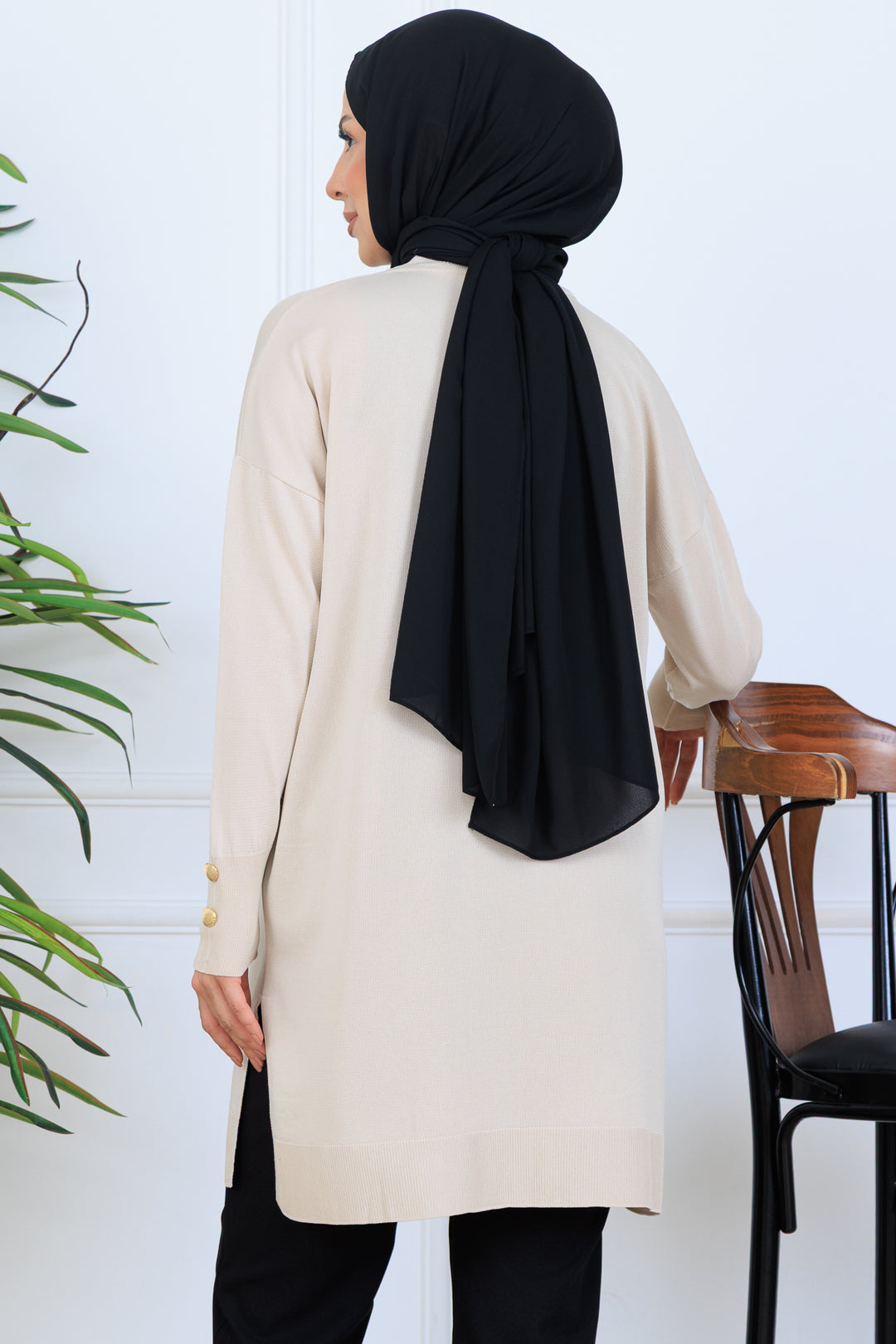 BNG Women Kolu Düğmeli Triko Tunik N7005 Taş Rengi - Paradise