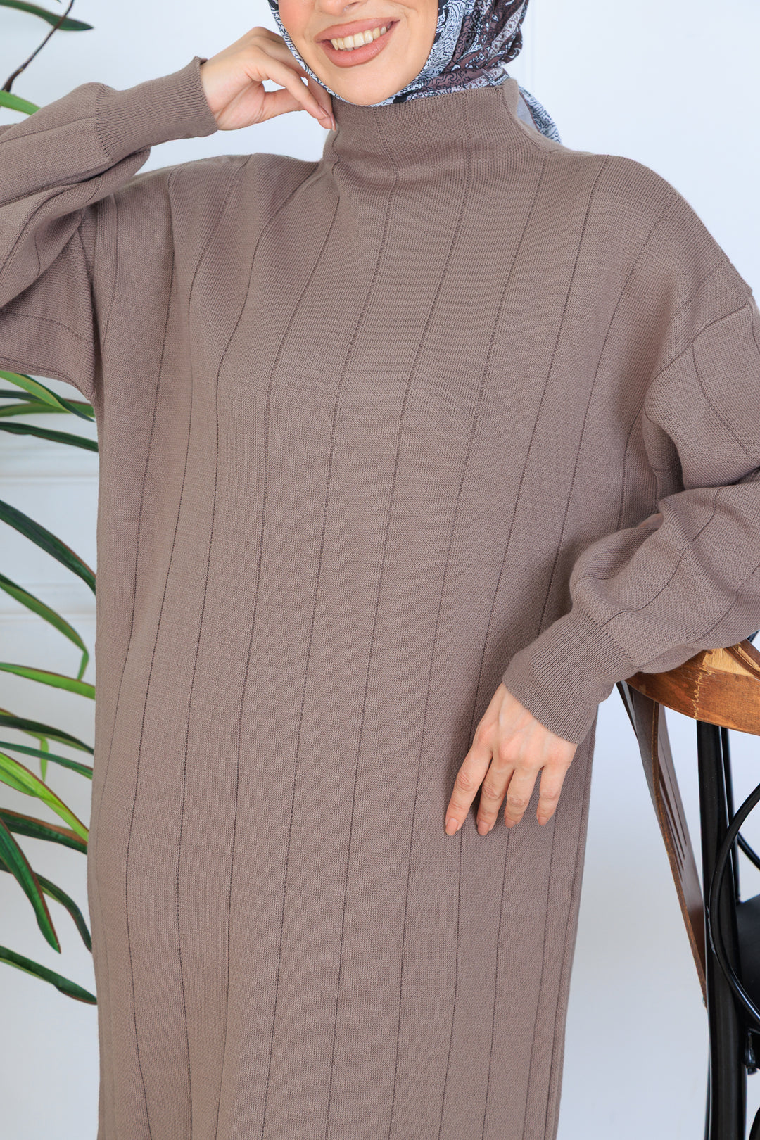 BNG Women Fitilli Triko Elbise N7085 Vizon - Boyarka