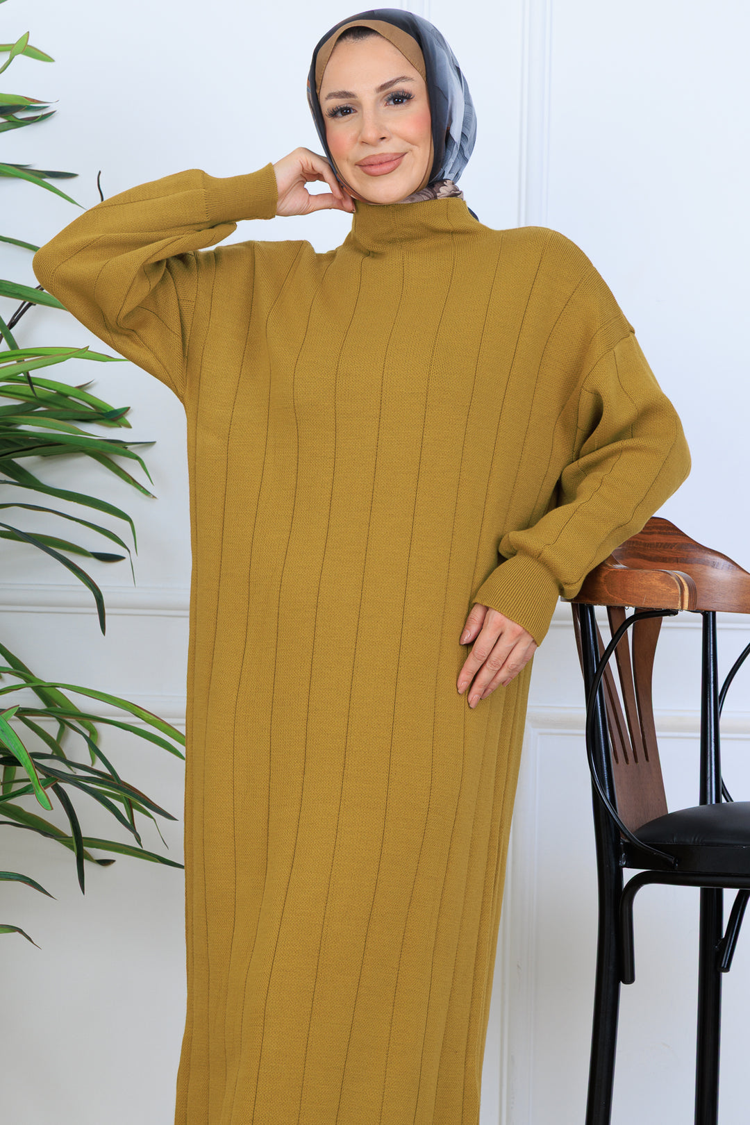 BNG Women Fitilli Triko Elbise N7085 Yağ Yeşili - Urmston