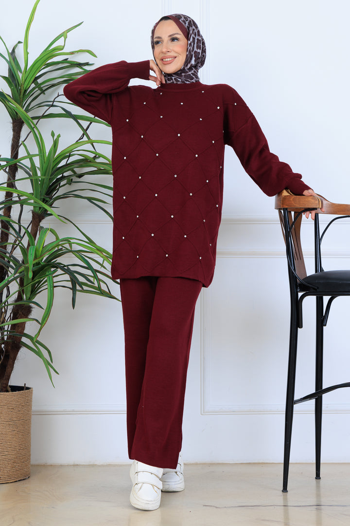 BNG Women Stone-embellished Knit Set N7067 Burgundy - Mission