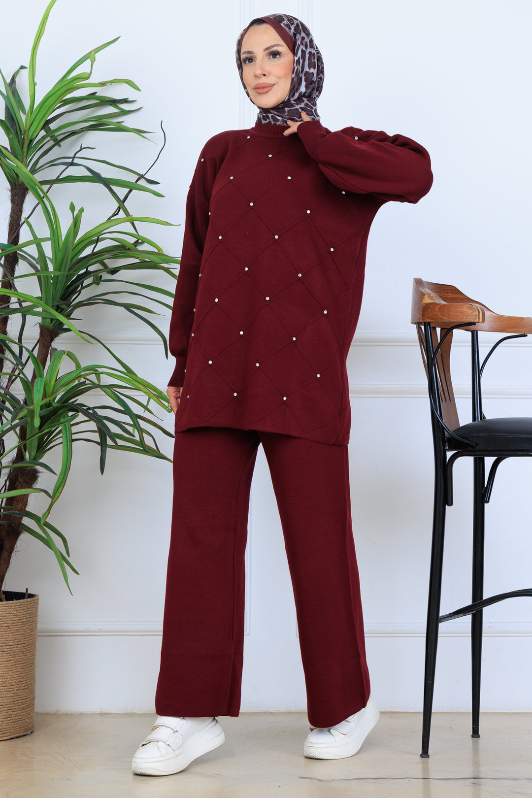 BNG Women Stone-embellished Knit Set N7067 Burgundy - Mission