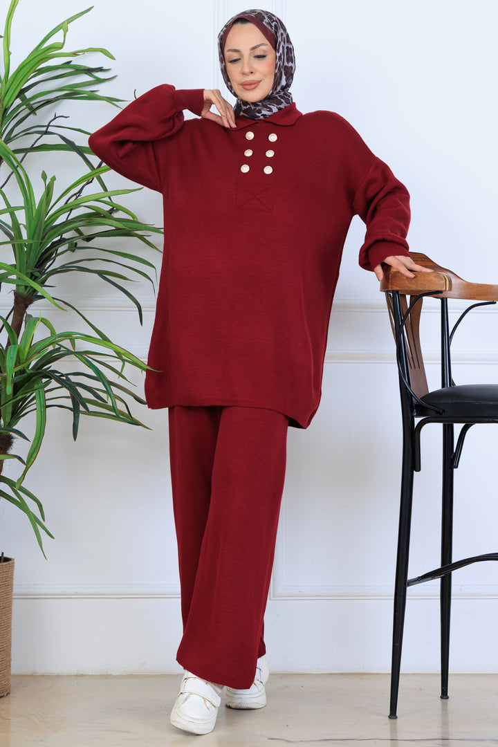 BNG Women Button Detailed Knit Set N7064 Burgundy - Mieres