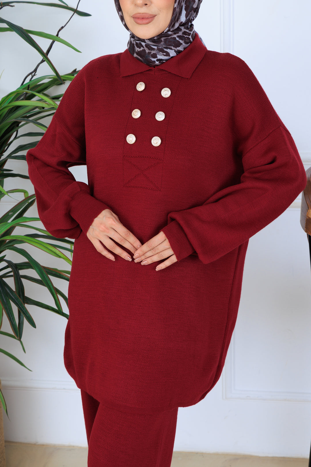 BNG Women Button Detailed Knit Set N7064 Burgundy - Mieres