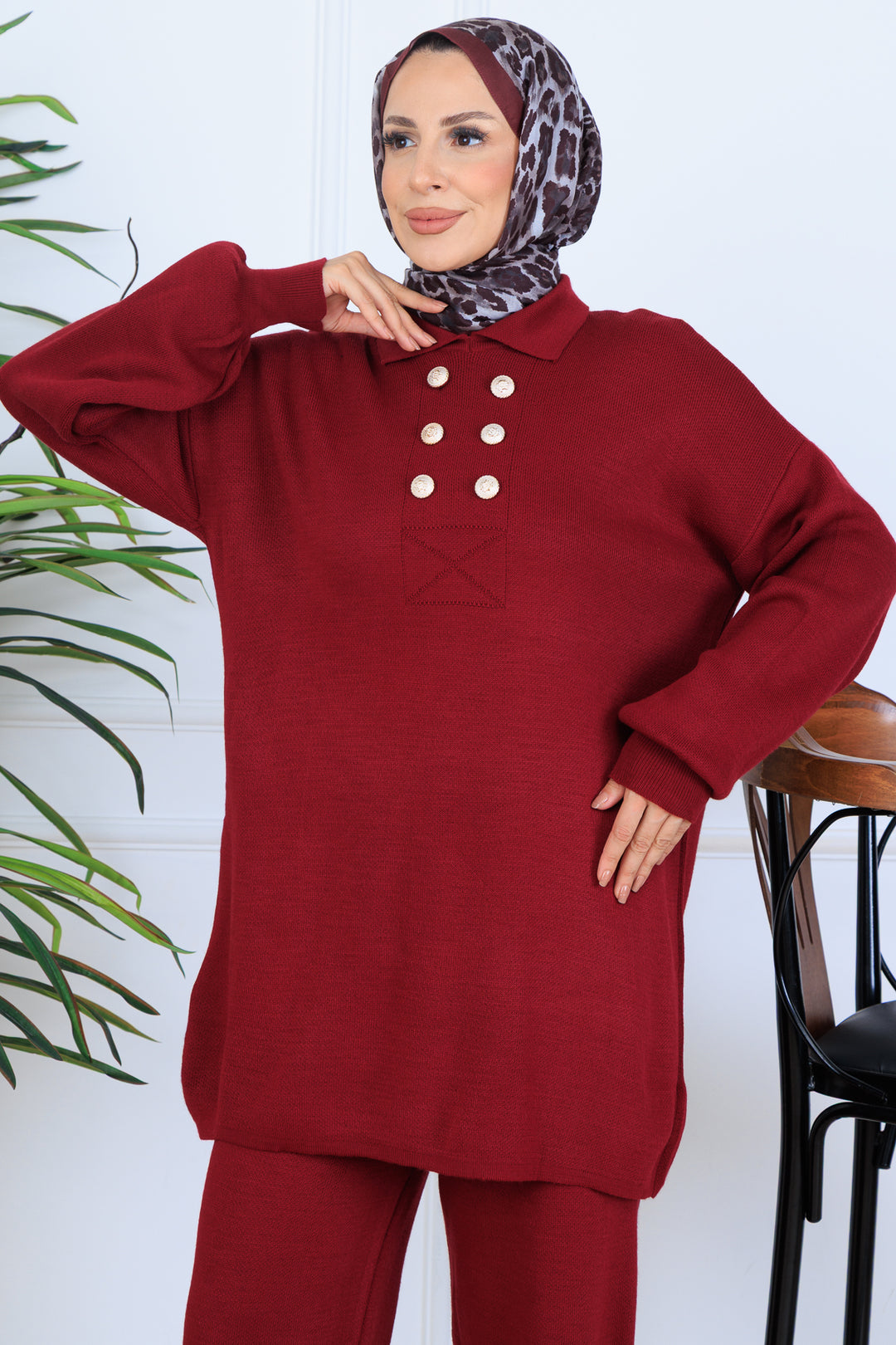 BNG Women Button Detailed Knit Set N7064 Burgundy - Mieres