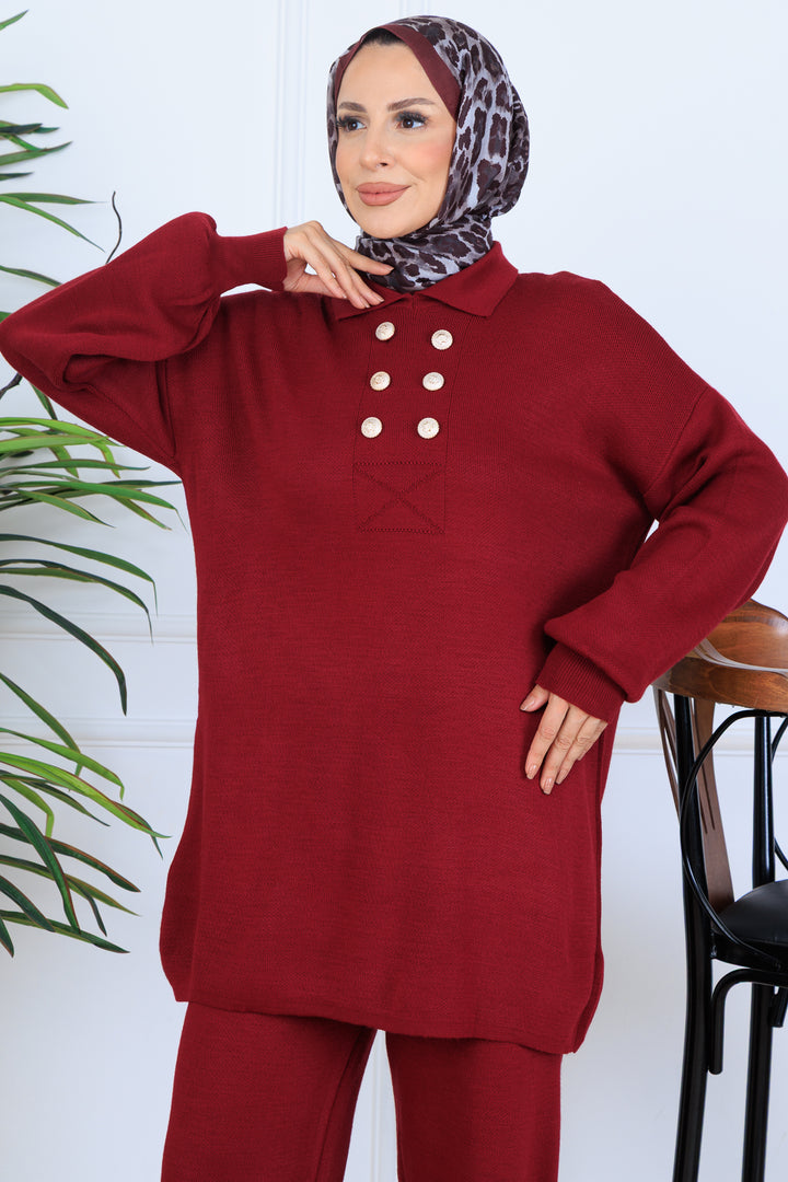 BNG Women Button Detailed Knit Set N7064 Burgundy - Mieres
