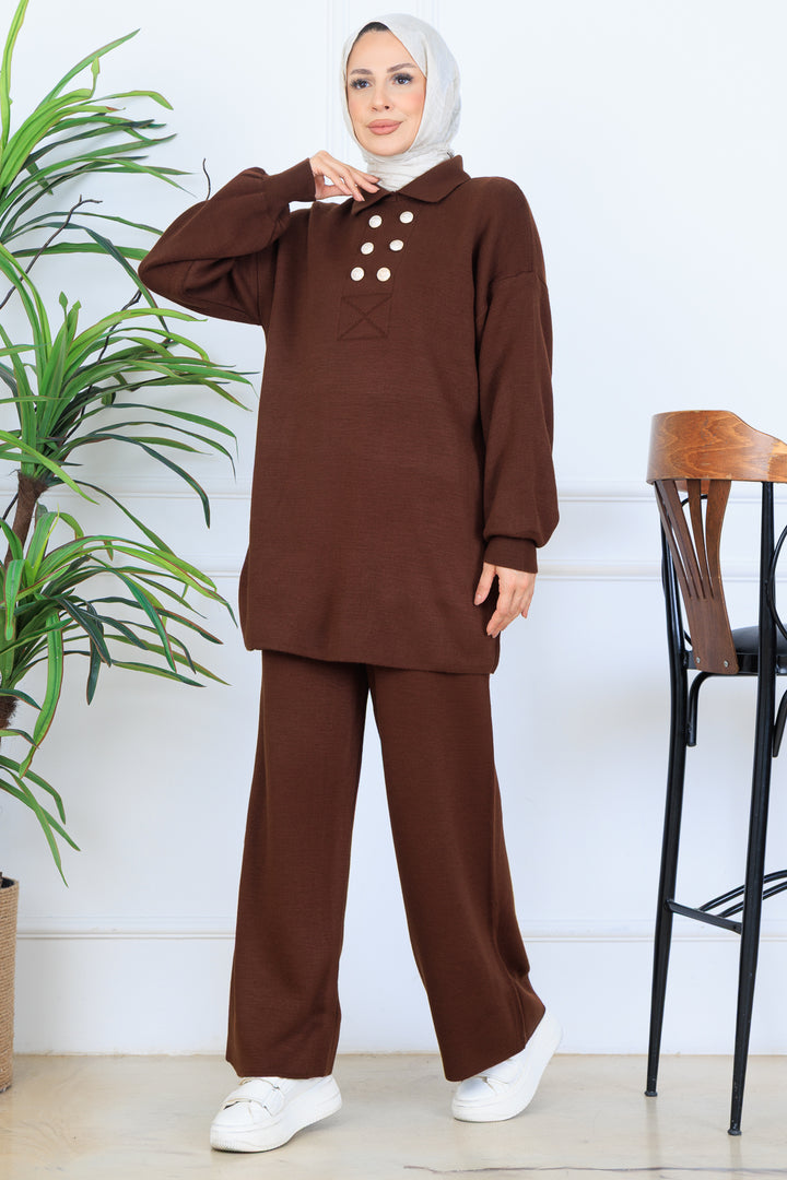 BNG Women Düğme Detaylı Triko Takım N7064 Kahverengi - Saanich