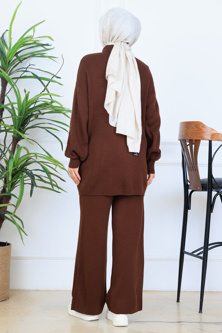 BNG Women Düğme Detaylı Triko Takım N7064 Kahverengi - Saanich