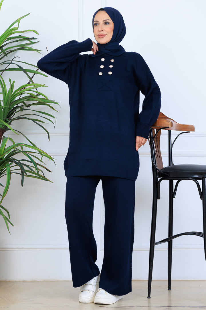 BNG Women Düğme Detaylı Triko Takım N7064 Lacivert - Nettuno