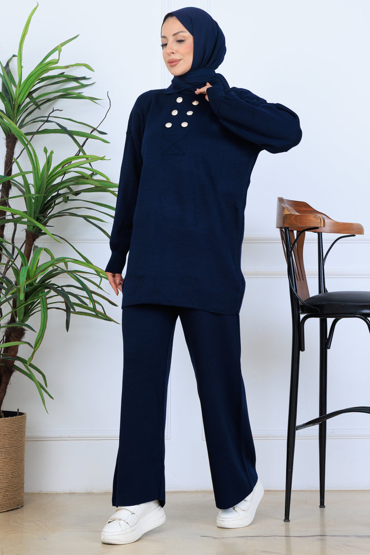 BNG Women Düğme Detaylı Triko Takım N7064 Lacivert - Nettuno