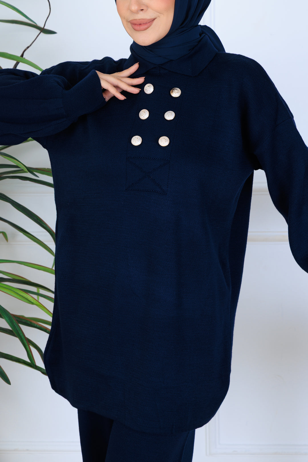 BNG Women Düğme Detaylı Triko Takım N7064 Lacivert - Nettuno