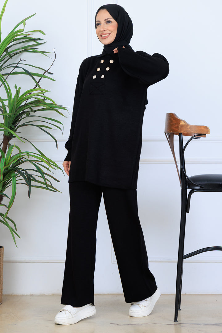 BNG Women Düğme Detaylı Triko Takım N7064 Siyah - Guasave