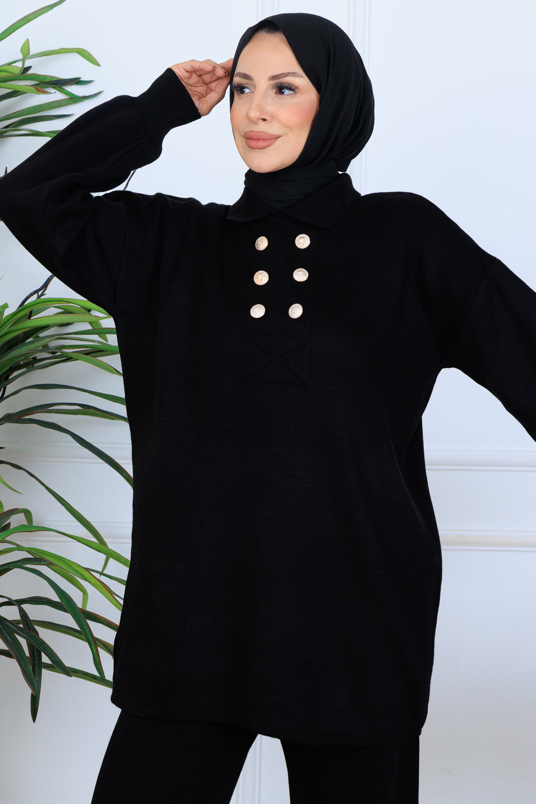 BNG Women Düğme Detaylı Triko Takım N7064 Siyah - Guasave